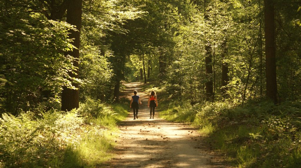 Zwei Frauen auf Waldweg Spaziergang